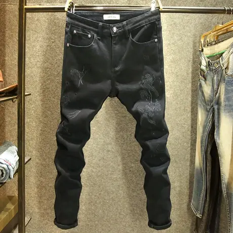 潮流帅气牛仔裤男黑色修身小脚裤秋冬款潮牌刺绣青年显瘦弹力裤子商品大图