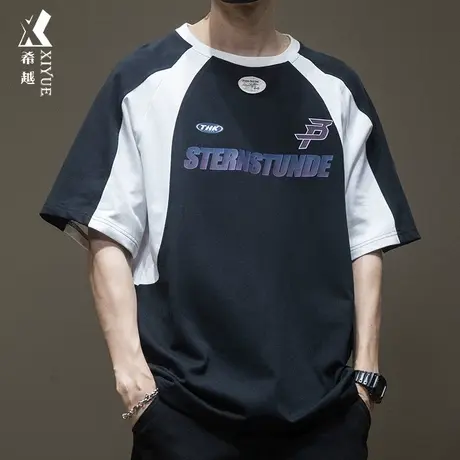 美式ins运动男生短袖t恤男拼接撞色夏季纯棉男士宽松大码体恤衫潮商品大图