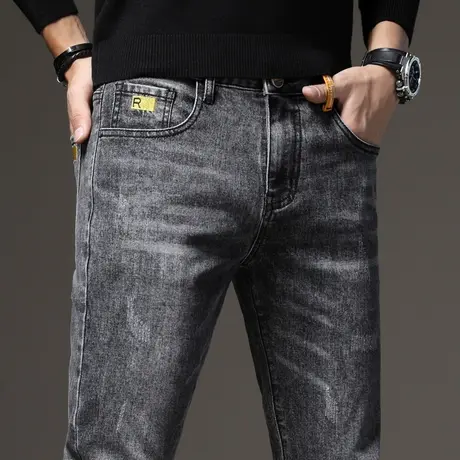 春季潮牌灰色牛仔裤修身小脚休闲长裤子男裤2024年新款秋冬款男士商品大图