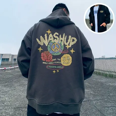 2024加肥加大码男装连帽胖子字母外套拉链卫衣宽松休闲加绒秋冬季图片