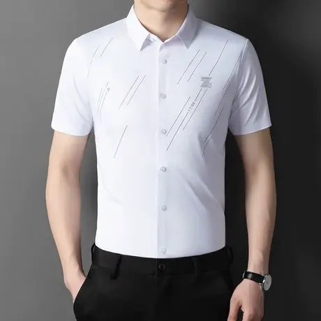 白色短袖衬衫男2023年夏季新款高弹无痕商务休闲衬衣纯色寸衫男士商品大图