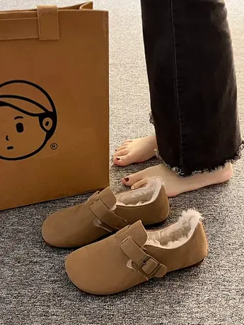 森系复古勃肯鞋毛毛鞋女2023秋冬季新款百搭平底加绒保暖豆豆棉鞋商品大图