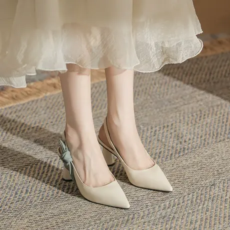 包头凉鞋女2024夏季新款后空尖头气质配裙子一字带浅口粗跟高跟鞋图片