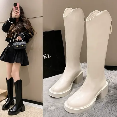 长筒靴女靴2024新款冬季加绒高筒骑士靴显瘦法式高跟靴子粗跟厚底图片