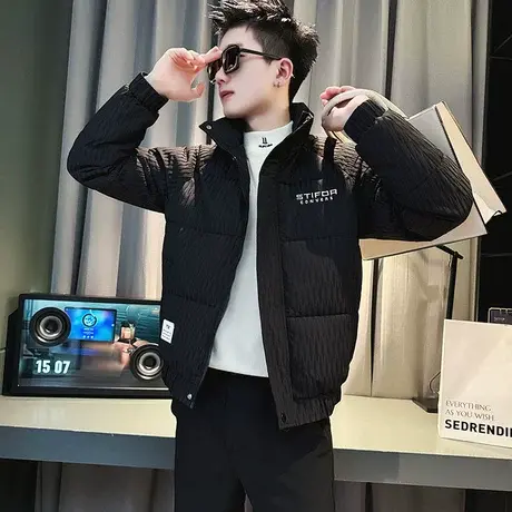 立领棉服冬季2023新款潮牌时尚韩版修身轻熟风肌理感字母棉衣外套商品大图