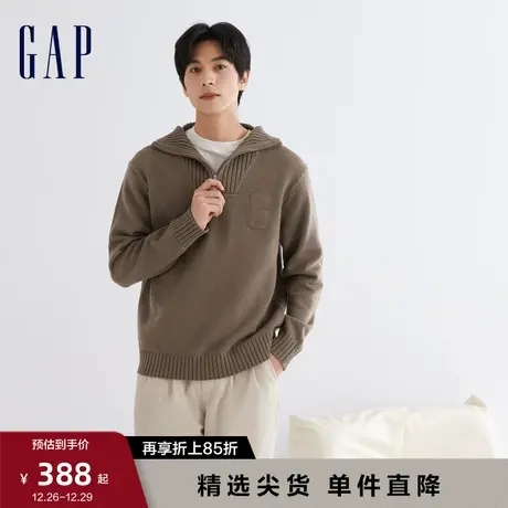 Gap男装春秋LOGO高级羊毛混纺半开襟针织衫宽松廓形毛衣842175商品大图