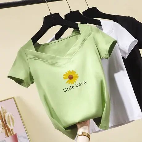 小雏菊短袖t恤女2023夏季新款韩版方领漏锁骨性感v领体恤百搭上衣商品大图