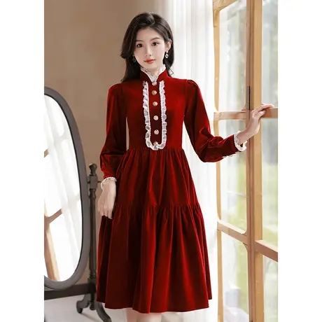 长袖敬酒服新娘2024新款秋冬季酒红色小个子订婚礼服连衣裙女立领商品大图