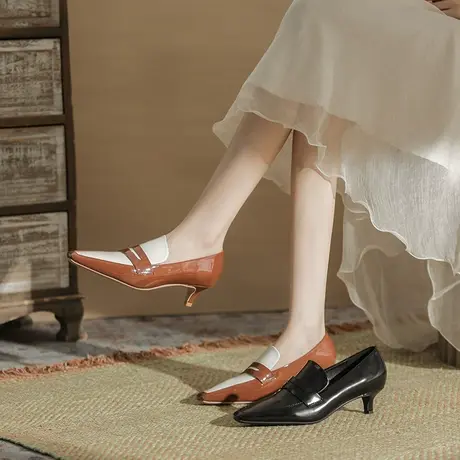 法式复古单鞋女2024年新款春秋尖头细跟职业工作小皮鞋一脚蹬女鞋商品大图