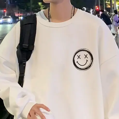 无帽卫衣男秋冬季ins潮牌宽松白色上衣服笑脸印花美式潮流打底衫商品大图