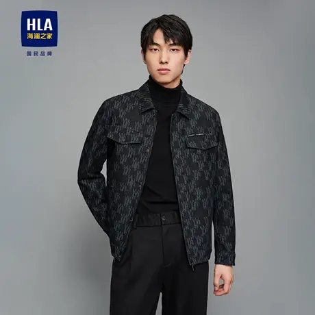 HLA/海澜之家翻领夹克牛仔蓝几何图案秋季胸前口袋休闲长袖外套男图片