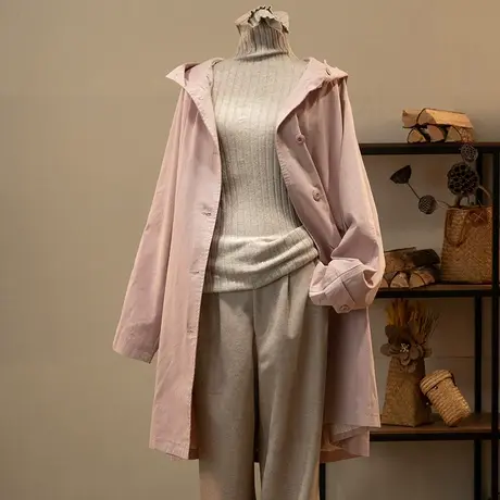 享永子连帽中长款风衣外套女文艺复古气质通勤休闲上衣2023新款秋图片