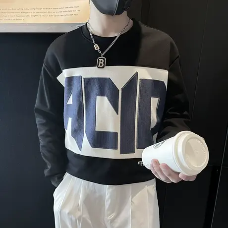 春装撞色字母印花卫衣男潮牌春季新款百搭休闲上衣圆领长袖t恤衫商品大图