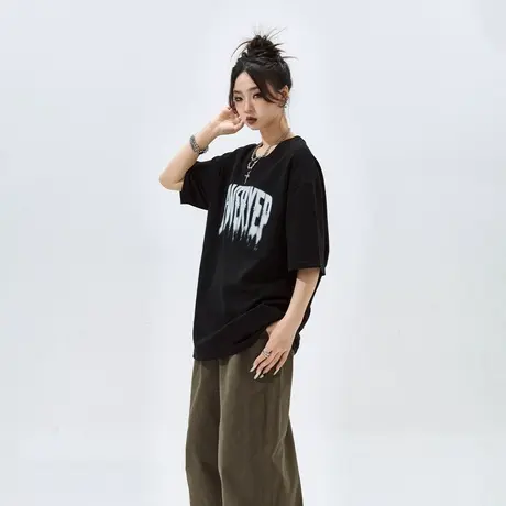 YEP复古黑色印花短袖t恤女夏季2024年新款潮牌宽松情侣装半袖上衣商品大图