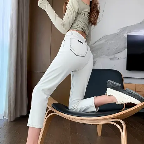 白色直筒牛仔裤女2024年春秋新款高腰显瘦百搭弹力九分法棍烟管裤商品大图