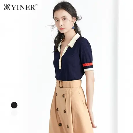 YINER音儿女装夏季拼色POLO领针织衫套头图片