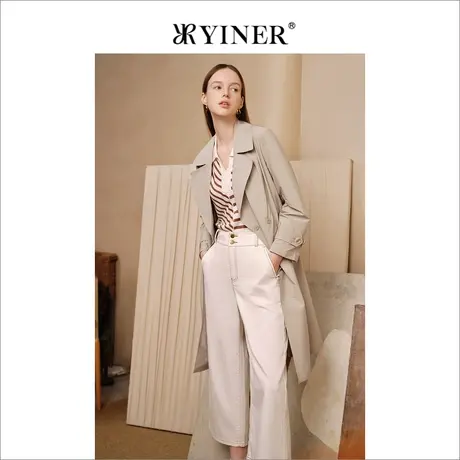 YINER音儿女装春季法式优雅时尚高腰直筒米色休闲牛仔裤图片
