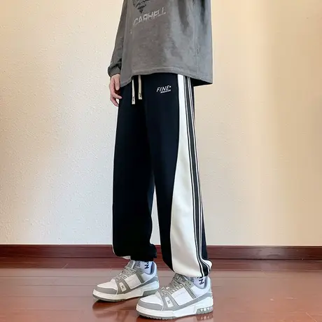 撞色拼接裤子男春秋款束脚休闲裤男生潮牌卫裤青少年百搭运动长裤图片