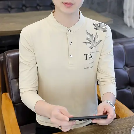 纯棉秋季立领长袖T恤男士韩版修身潮流印花青年打底衫秋衣汗衫ins商品大图