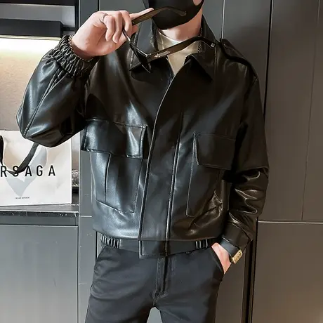 美式个性工装皮衣夹克男春季新款潮牌翻领痞帅炸街机车服外套上衣图片