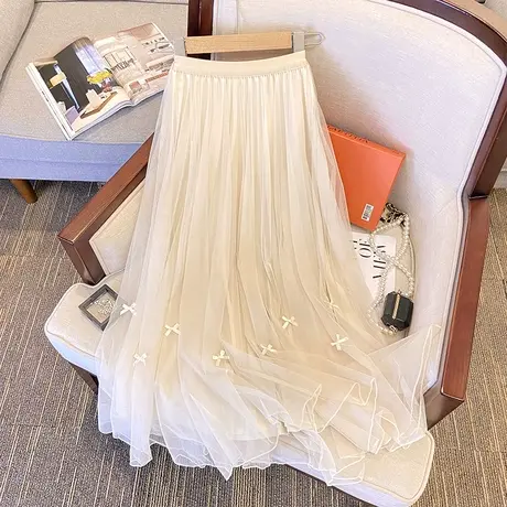 钉珠蝴蝶结2024春夏新品简约韩版百搭仙女INS网纱中长款半身裙图片