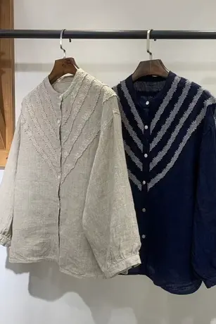 享永子【山间茶熟】复古汉麻条纹衬衫文艺森系长袖棉麻衬衣女上衣商品大图