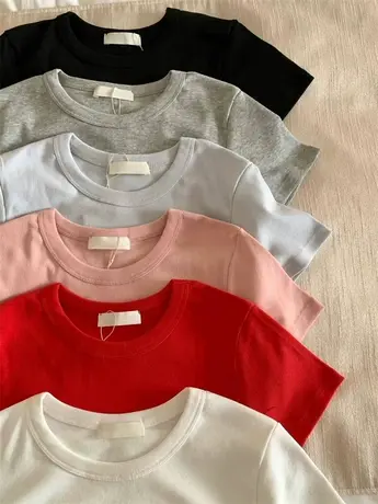 2024春夏季新款韩国东大门纯色百搭舒适短袖T恤女显白半袖上衣服商品大图