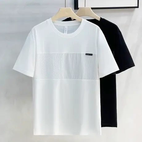 2024夏季拼接料条纹圆领短袖男日韩休闲潮牌气质百搭宽松半袖T恤商品大图