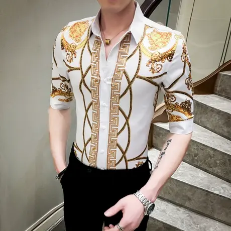 潮牌七分袖衬衫男士轻奢英伦风夏装短袖寸痞帅高级感男装中袖衬衣商品大图