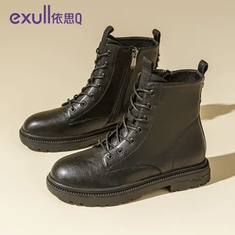 exull/依思Q马丁靴女2023年冬季新款加绒黑色系带复古短靴子女商品大图