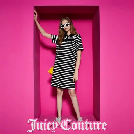 Juicy Couture橘滋新款经典撞色条纹直筒绣花连衣裙图片