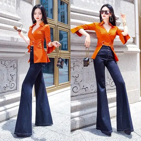 VJE夏季女士欧美弹力高腰牛仔裤新款时尚气质紧身垂感喇叭裤商品大图