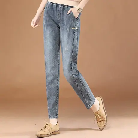 韩潮袭人松紧腰磨白直筒牛仔长裤女2023秋新款休闲显瘦哈伦裤商品大图