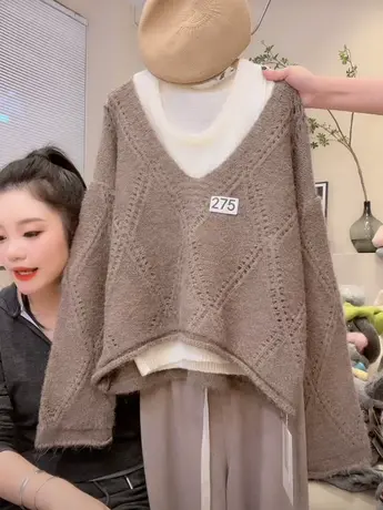 慵懒高级感复古针织衫女2023秋装新款宽松显瘦时尚两件套百搭上衣图片