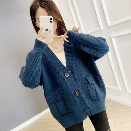 秋装新款潮女士针织开衫宽松纯色毛衣外套春秋慵懒风外搭洋气图片