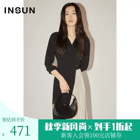 [高级商务]恩裳COVER春秋季撞色拼接压褶下摆通勤西装连衣裙图片