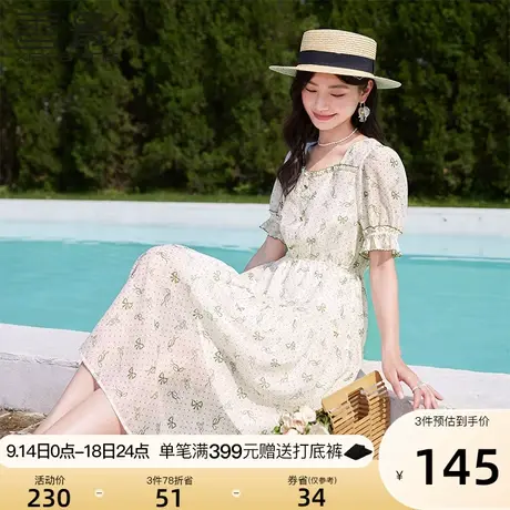 香影碎花方领连衣裙女2023夏装新款蝴蝶结印花高腰短袖小清新裙子图片