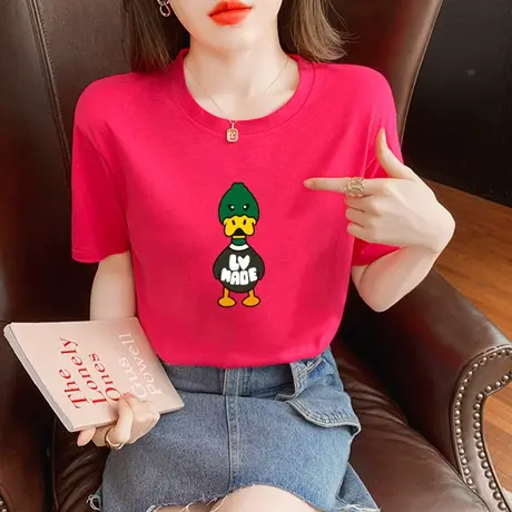 火龙果色短袖t恤女2023年夏季新款宽松纯棉印花圆领体恤上衣ins潮商品大图