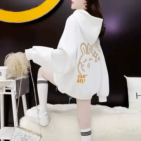 白色美式卫衣女士2023新款爆款秋冬款连帽外套宽松显瘦慵懒风上衣图片