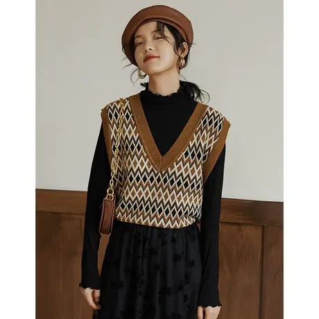 弥古复古针织马甲女秋冬菱形格外穿毛衣背心女v领外搭叠穿小马夹图片