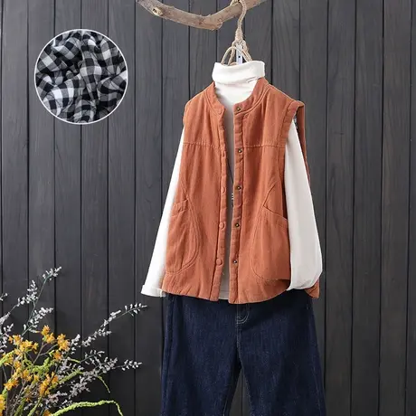 复古文艺暗扣加厚夹棉马甲无袖坎肩女装秋季新款圆领宽松背心外套商品大图