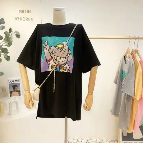 2021夏季休闲宽松大版短袖韩国东大门可爱小象中长款包臀T恤大码图片