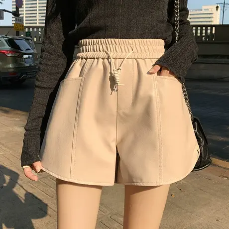 黑色PU皮裤短裤女2023秋冬新款休闲百搭阔腿裤小个子a字高腰靴裤图片