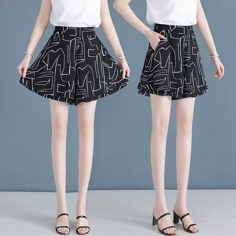 雪纺印花半身裙女夏季高腰显瘦时尚短裤2023薄款百搭a字休闲裤裙图片