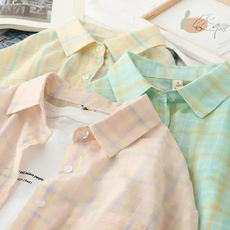2020夏装新款韩版文艺小清新防晒格子衬衫女宽松薄款学生上衣外套图片