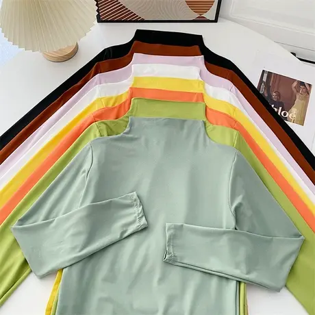 韩版简约纯色chic风百搭高领纯色T恤女秋冬新款长袖打底衫上衣潮商品大图