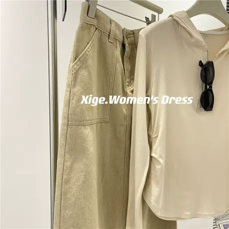 美式半拉链螺纹连帽长袖T恤女压褶收腰小个子休闲打底帽衫短上衣商品大图