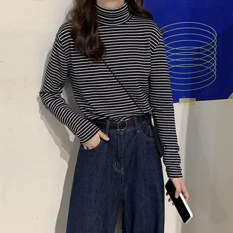 2023年春秋冬新款上衣长袖高领条纹T恤女宽松百搭学生内搭打底衫商品大图