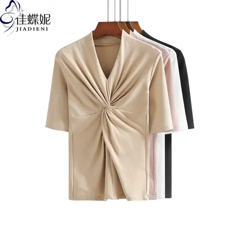 春秋季新款纯棉修身显瘦中袖体恤上衣打底衫女装内搭低V领半袖T恤商品大图