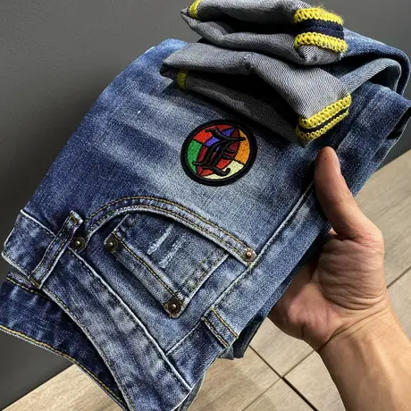 香港潮牌乞丐裤子男士牛仔裤男补丁款修身小脚韩版潮流长裤百搭款图片